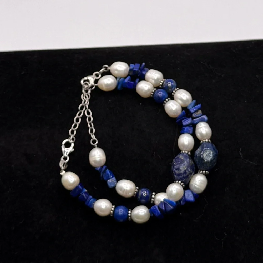 Ross-Simons Lapis Lazuli & Natural Pearl Sterling Silver Bracelets 9